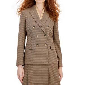 Tahari ASL Houndstooth Double Breast Lined Dual Vent Blazer Jacket Camel 10 NWT